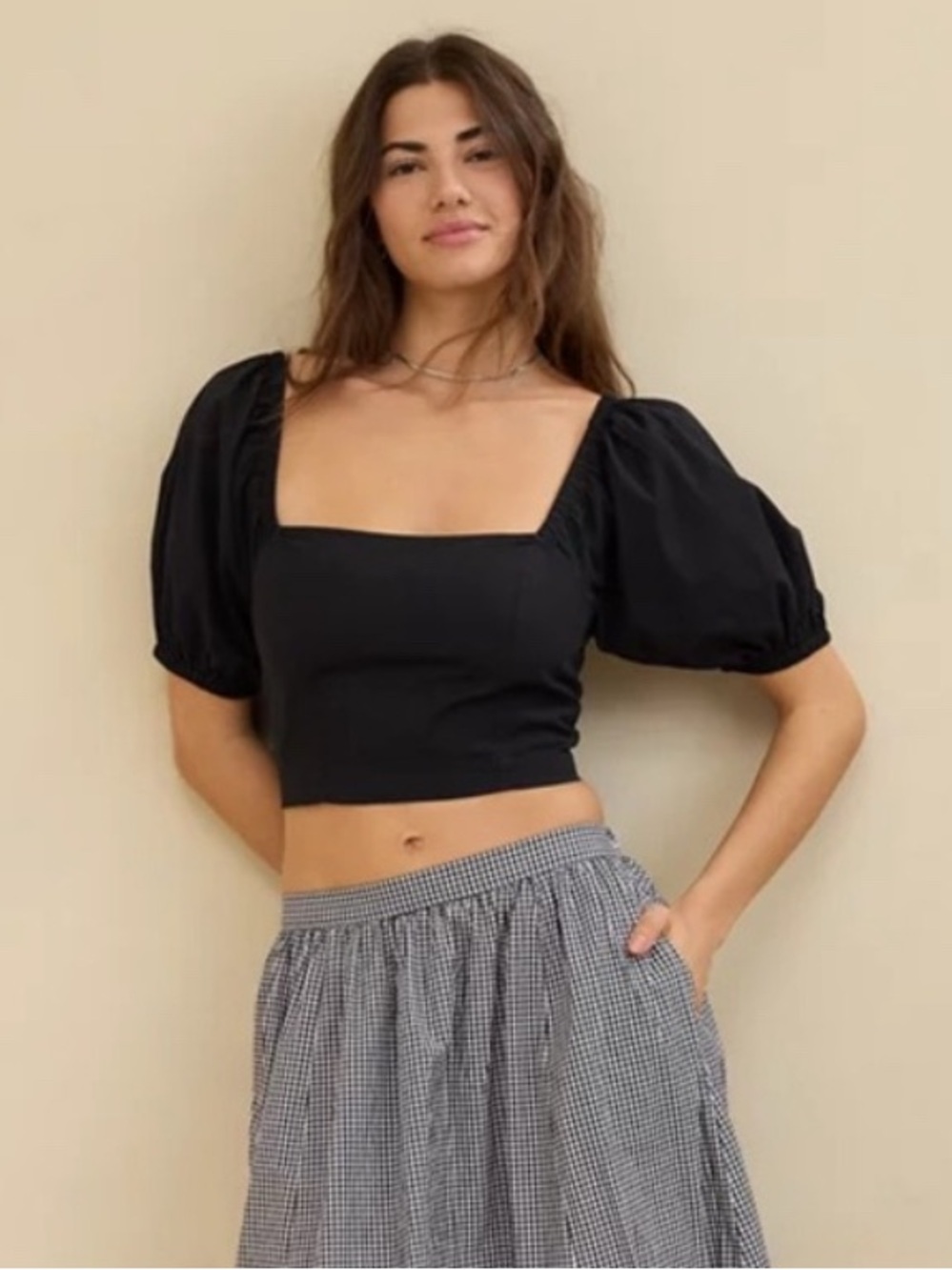 NWT Aerie Black Square Neck Puff Sleeve Crop Top Size L